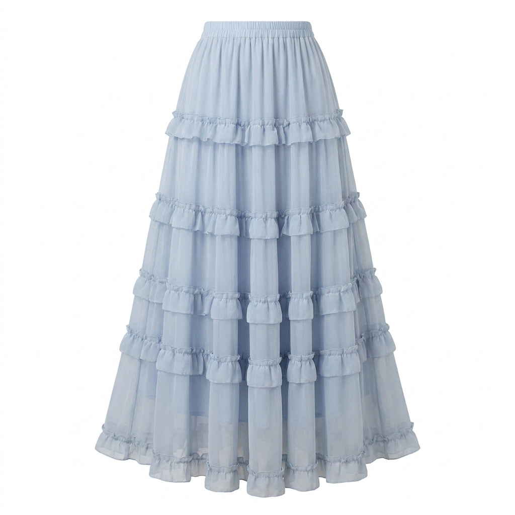French Ruffled Flared Chiffon Maxi Skirt - fairypeony