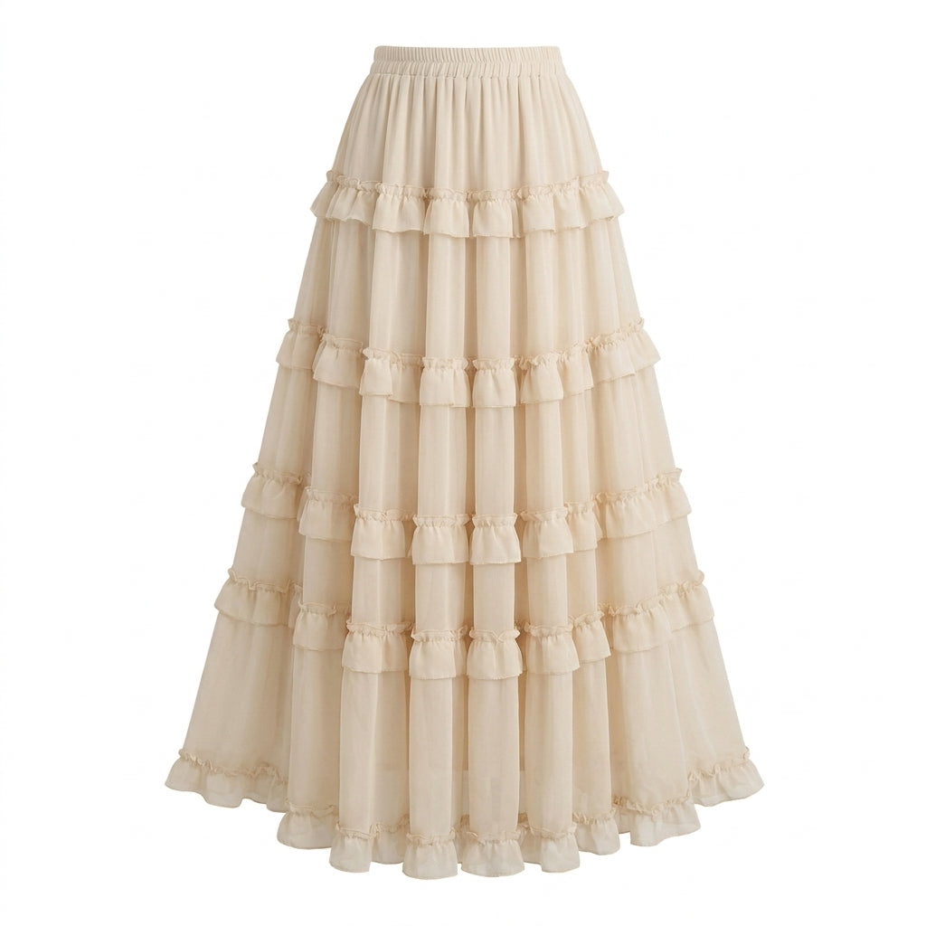 French Ruffled Flared Chiffon Maxi Skirt - fairypeony