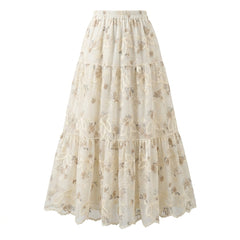 Embroidered floral pleated high waist Maxi skirt