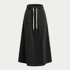 Elastic Waist Drawstring Flared Denim Maxi Skirt
