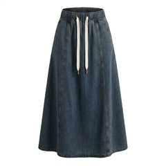 Elastic Waist Drawstring Flared Denim Maxi Skirt
