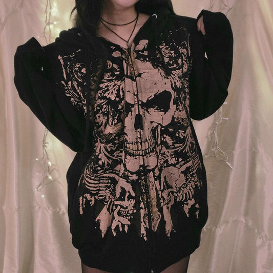 Skull Print Zip Up Oversized Hoodie - fairypeony