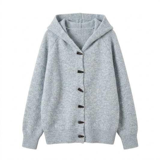 Soft Loose Hooded Cardigan – Horn Button Knit Sweater Coat in 4 Colours One Size