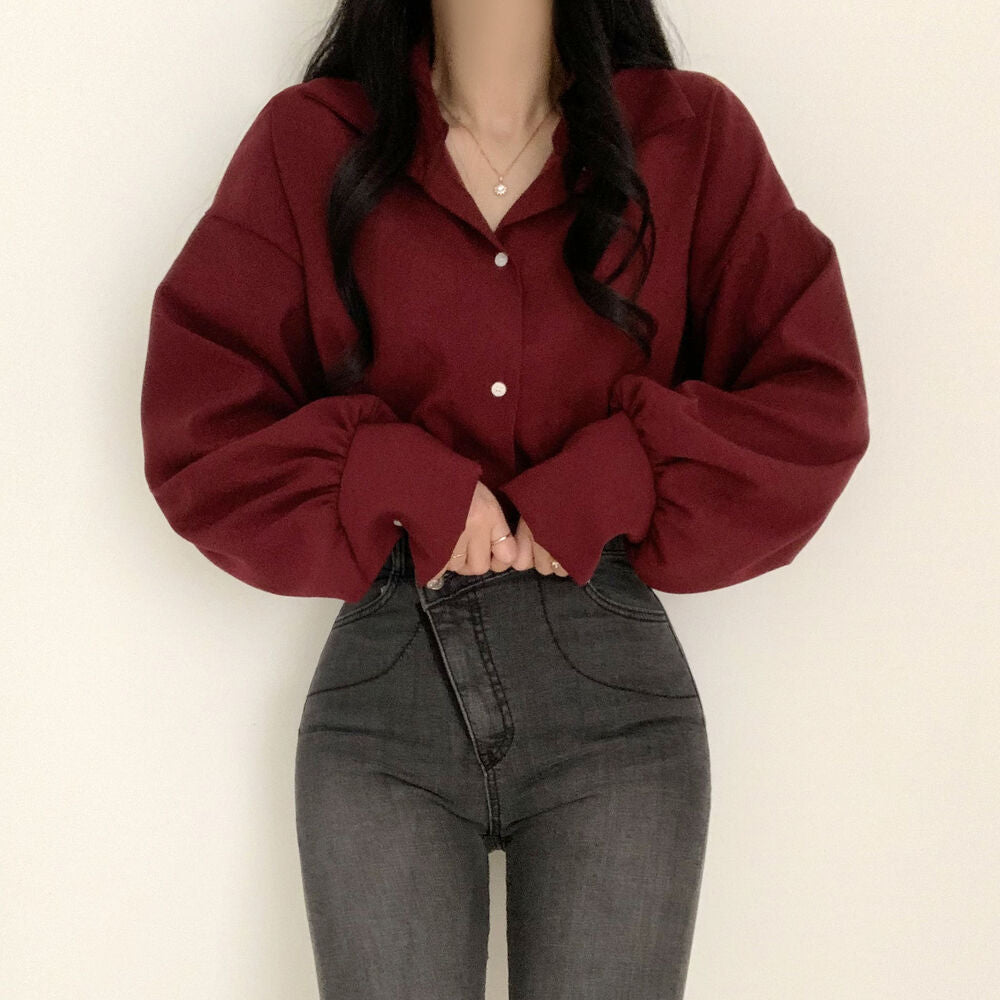 Solid Color Long sleeve Blouse - fairypeony