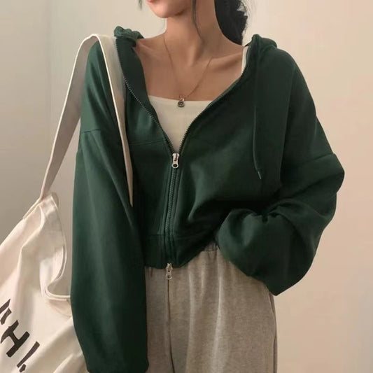 Solid Color Oversized Crop Zip Up Hoodie