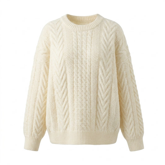 Cream-colored cable knit sweater on a white background
