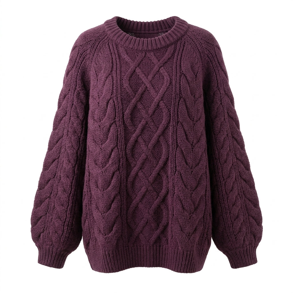 Purple cable knit sweater on a white background