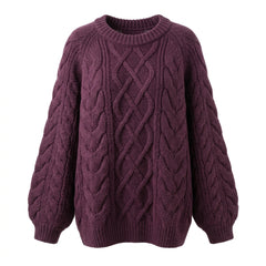 Purple cable knit sweater on a white background