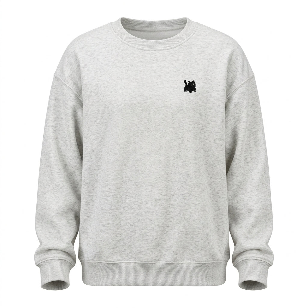 Gray sweatshirt with a small black logo on a white background