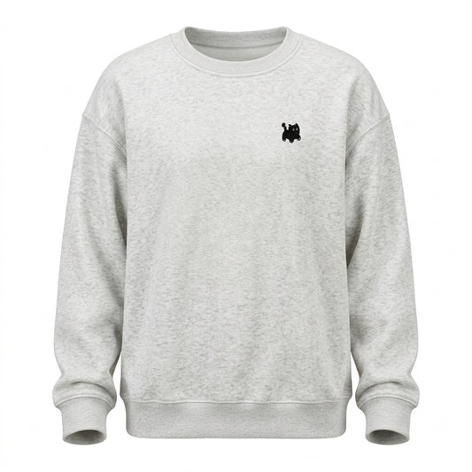 Gray sweatshirt with a small black logo on a white background
