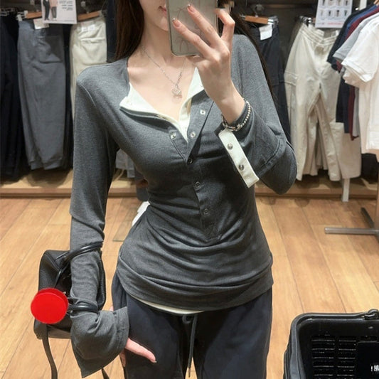 Solid Color Fake Two Pieces Long Sleeve Tee