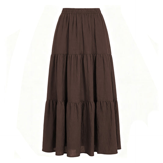 Solid Color Linen Elastic Waist Long Skirt