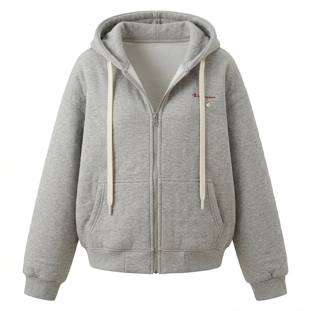 Gray hoodie with a brand logo on a white background