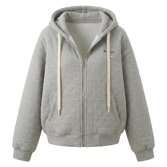 Gray hoodie with a brand logo on a white background