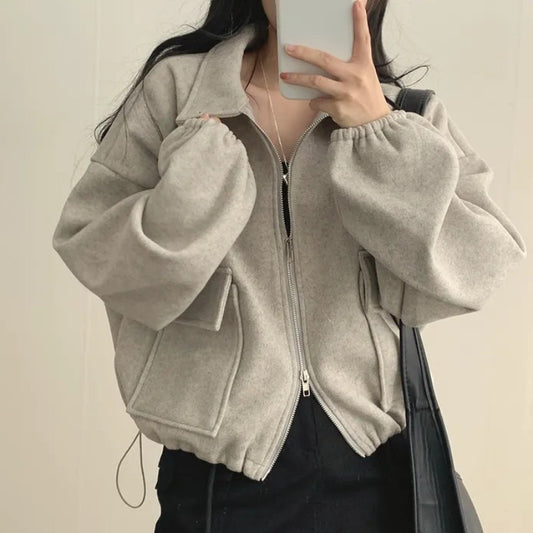 Solid Color Loose Double Pocket Wool Jacket - fairypeony