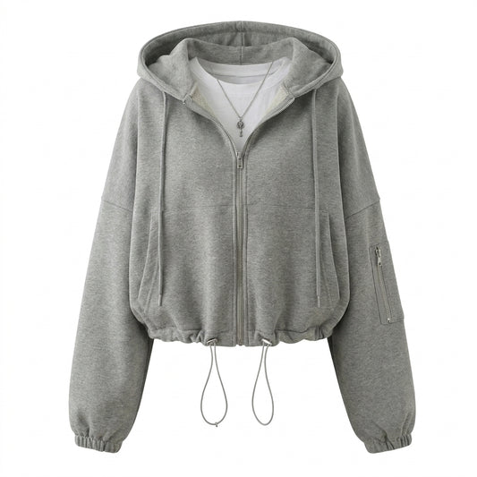 Gray hoodie with a zipper on a white background