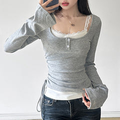 Solid Color Patchwork Stitching Side Long Sleeve Tee
