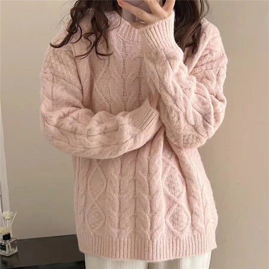 Solid Color Round Neck Cable Knit Sweater