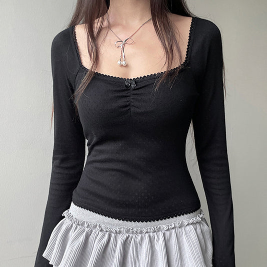 Solid Color Square Neck Lace Trim Bow Tee