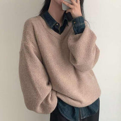 Solid Color V-Neck Loose Sweater