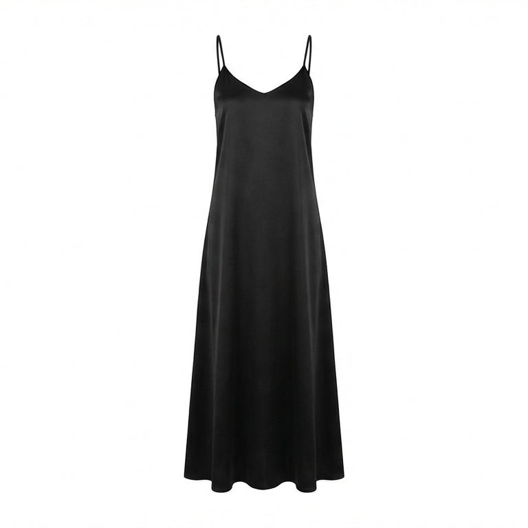 Black slip dress on a white background