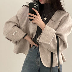 Solid Color V-Neck Plain Loose Jacket