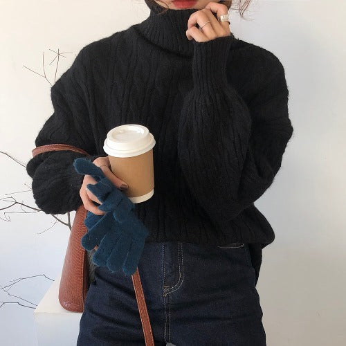 Solid High Neck Cable Knit Sweater - fairypeony