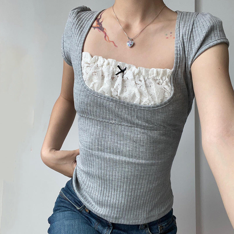Square Collar Lace Bow Short Sleeve Rib Tee - fairypeony