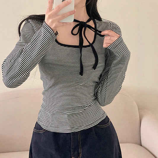 Square Collar Tied Striped Long Sleeve Tee
