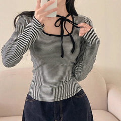 Square Collar Tied Striped Long Sleeve Tee