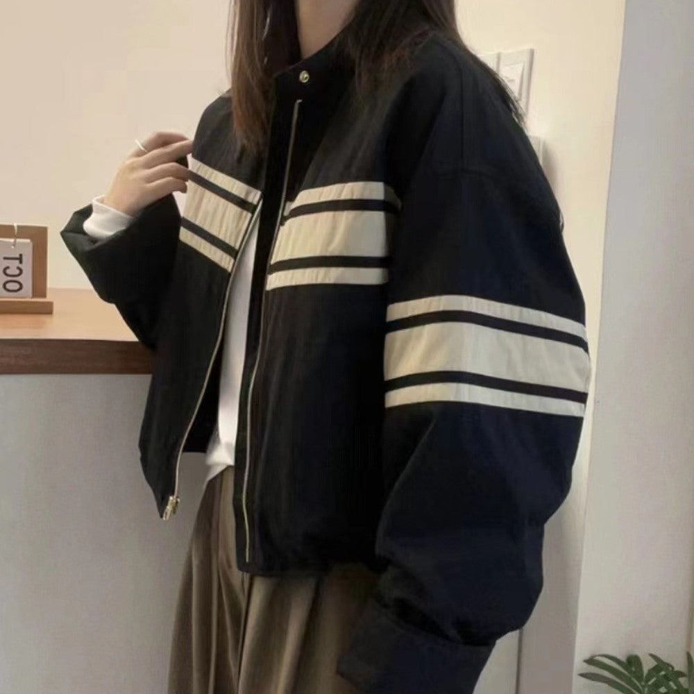 Striped Oversized Bomber Zip UP Jacket - fairypeony