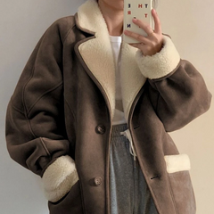 Suede Lambswool Lapel Neck Jacket - fairypeony