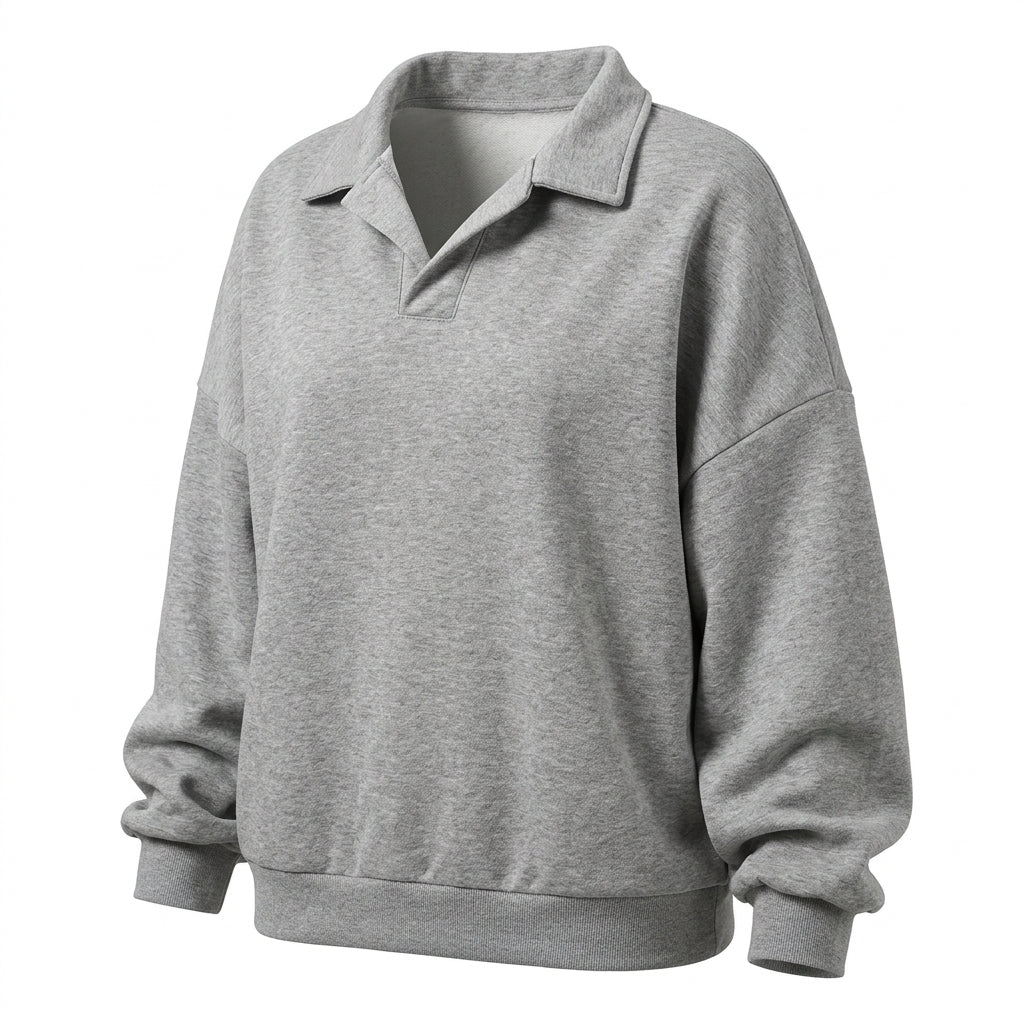 Solid Color Polo Collar Sweatshirt - fairypeony