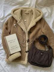 Thickened Hooded Horn Button Fur Outwear + Vintage Checkered Print Crossbody Bag