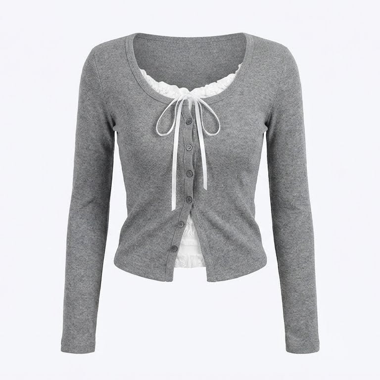 Aesthetic Lace Trim Fake Two Piece Tee - fairypeony