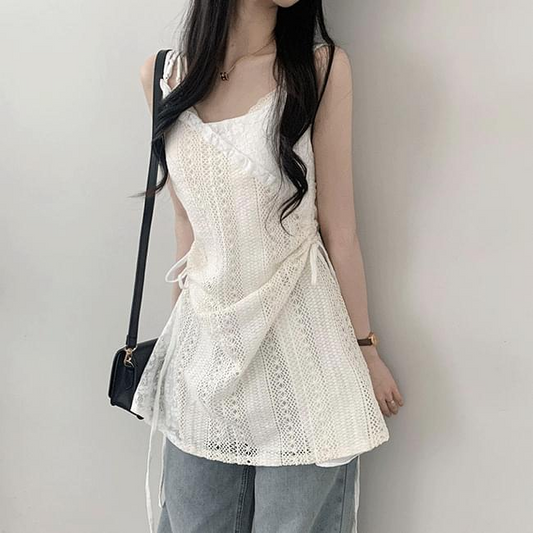 Tully lace side shirring layered bustier Blouse