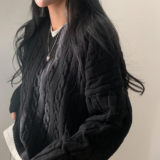 V-Neck Cable Knit Pullover Sweater