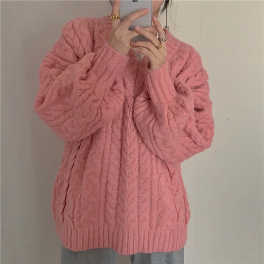V Neck Pullover Cable Knit Sweater - fairypeony