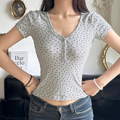 V-Neck Floral Striped Short Sleeve Tee - fairypeony