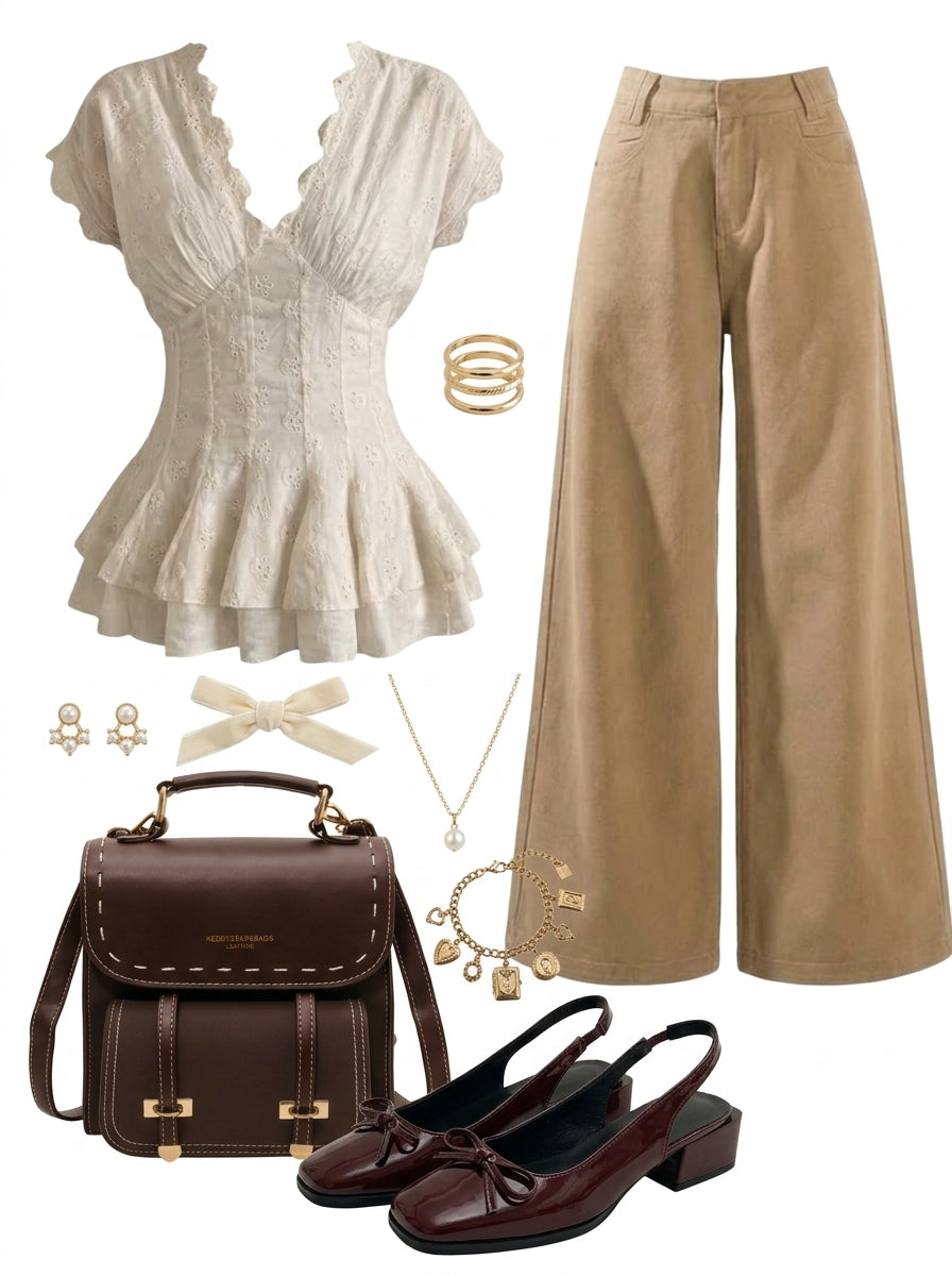 Collection of clothing and accessories including a dress, pants, shoes, and bags on a white background.