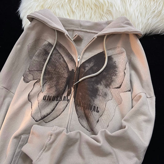 Vintage Butterfly Print Zip Up Hoodie - fairypeony