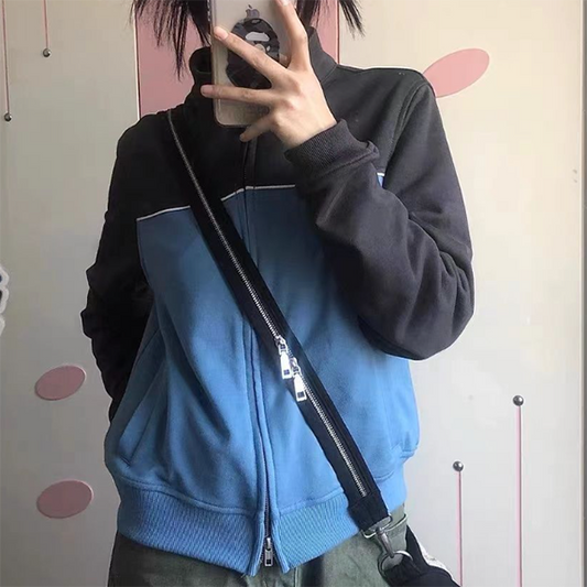 Vintage Color Block Zip Up Jacket - fairypeony