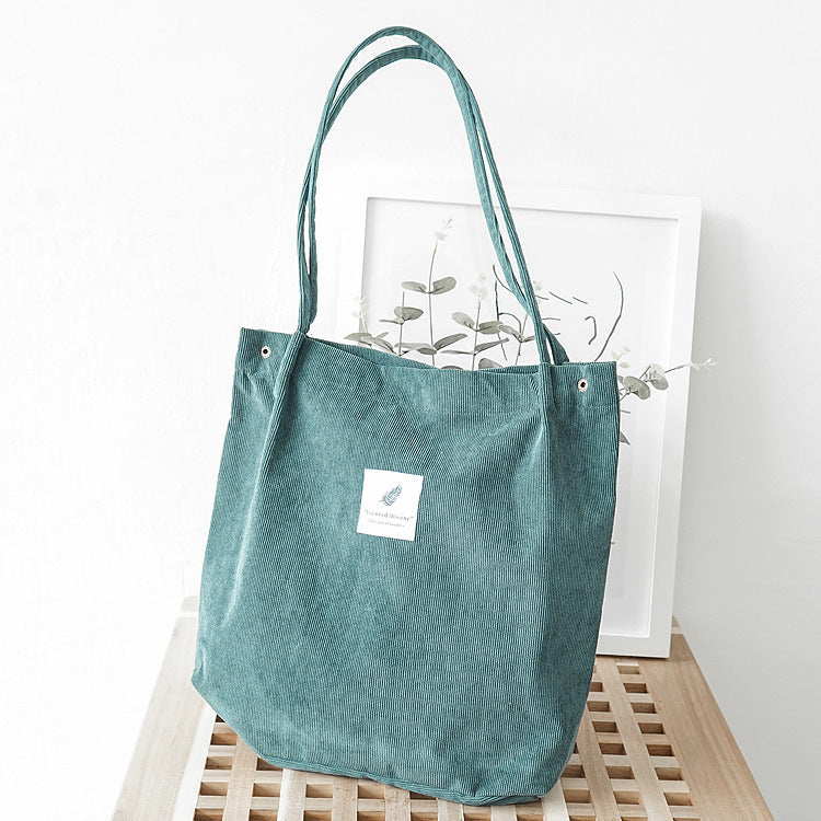 Fake Two Piece Blouse + High Waist Baggy Pants + Single Strap Mid Heel Sandals + Corduroy Tote Bag - fairypeony
