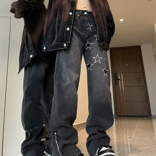 Vintage Hip Hop Star Embroidered Boyfriend Jeans - fairypeony