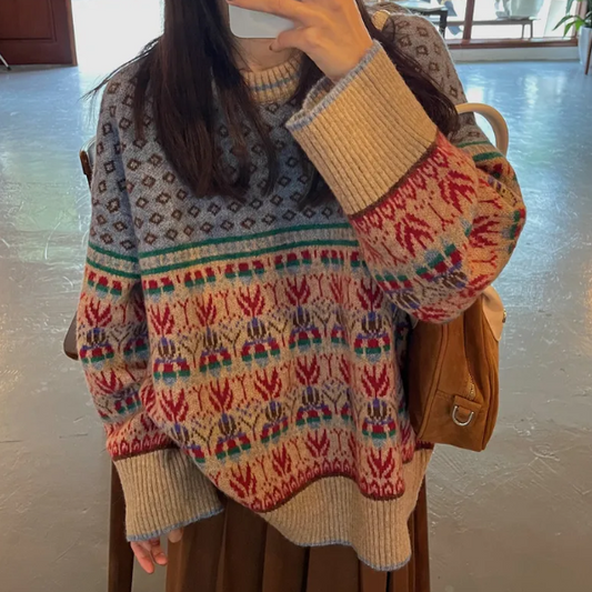 Vintage Jacquard Splice Knit Sweater - fairypeony