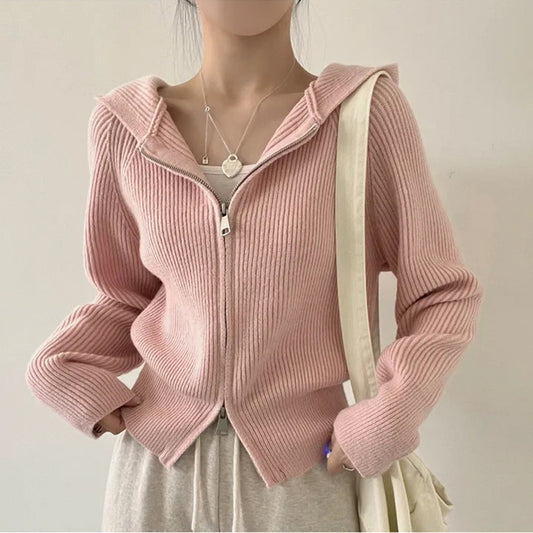 Vintage Knitted Hooded Zip Up Cardigan