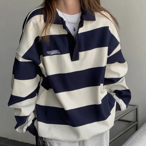 Vintage Polo Collar Striped Oversized Tee - fairypeony
