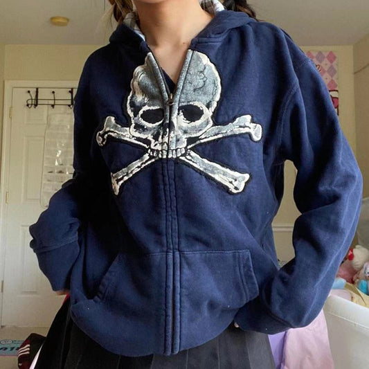 Vintage Skull Graphic Zip Up Hoodie - fairypeony