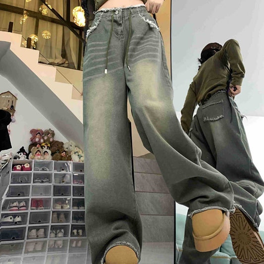 Vintage Wash Drawstring Raw Trim Boyfriend Jeans