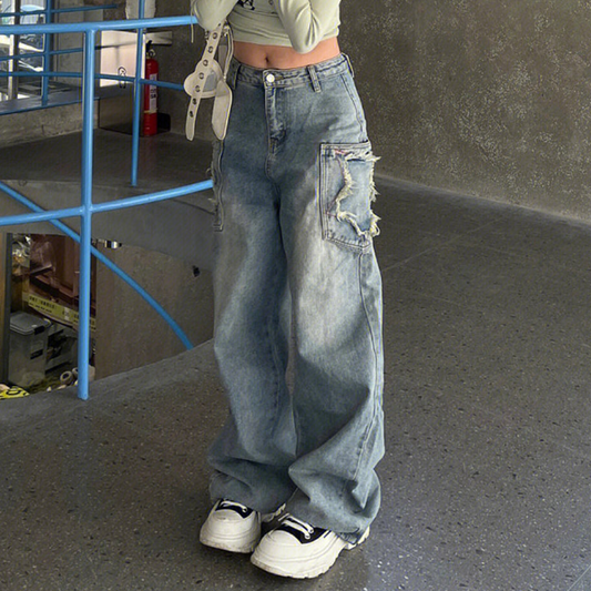 Vintage Wash Star Patch Boyfriend Jeans - fairypeony